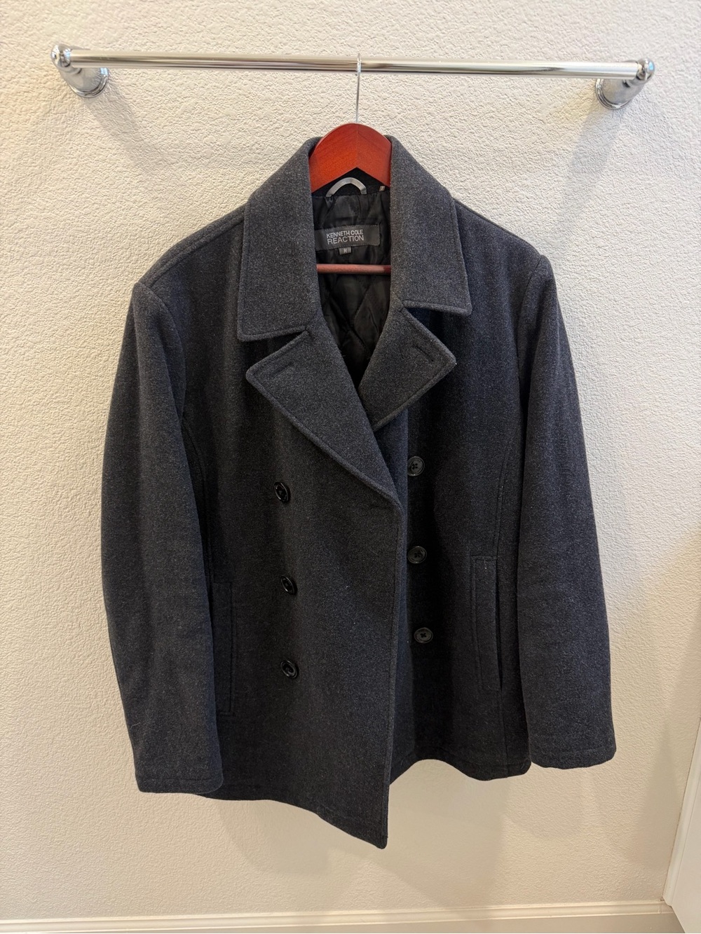Kenneth Cole Reaction Dark Charcoal Double-Breasted Peacoat